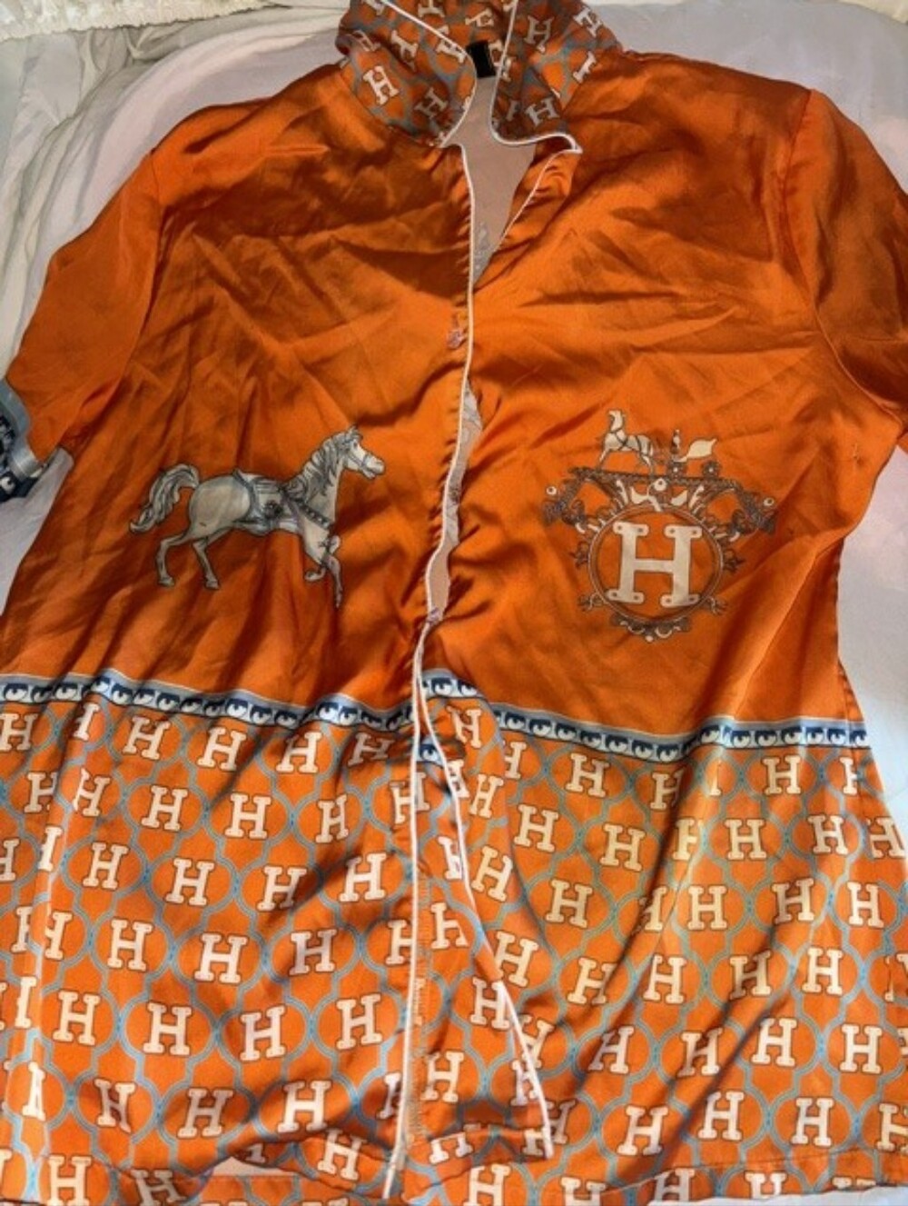 Silk-Style Orange Horse & 'H' Monogram Button-Up Top And Bottoms
